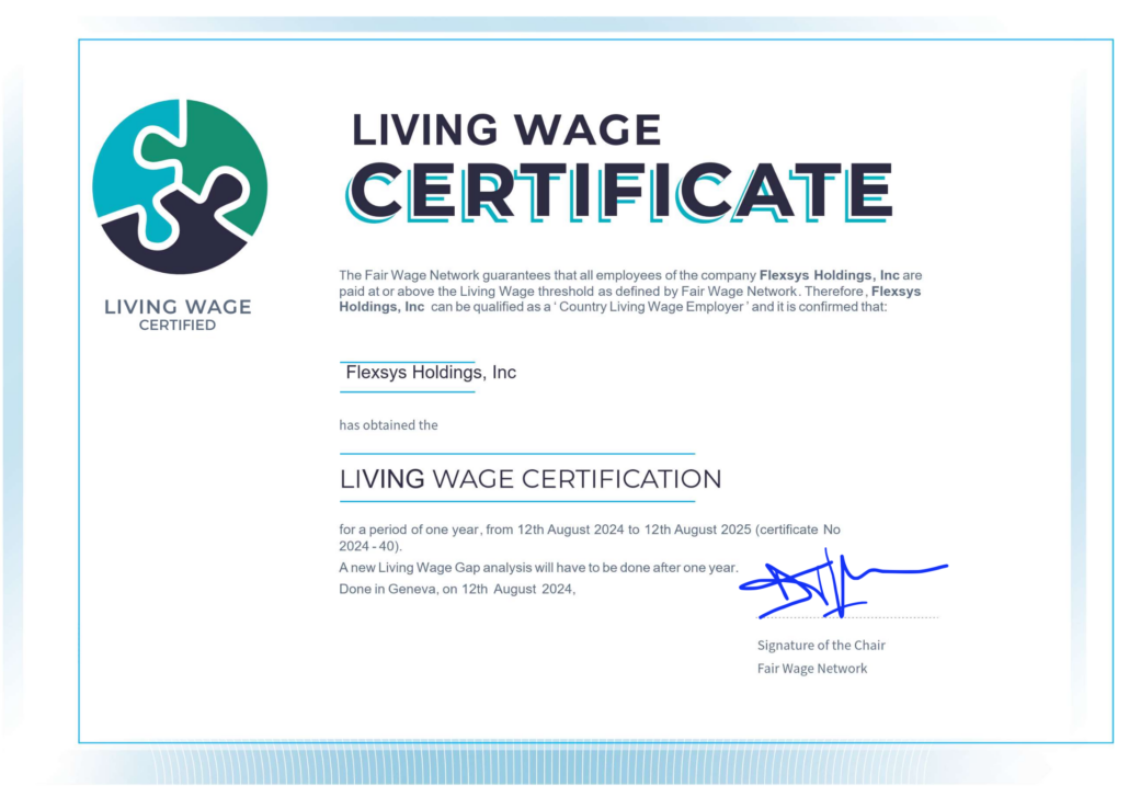 Living Wage Certificate for Flexsys Holdings, Inc.