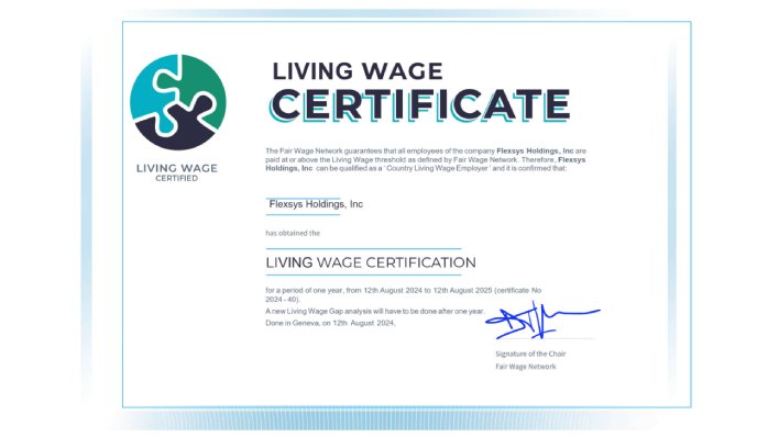 Living Wage Certificate for Flexsys Holdings, Inc.