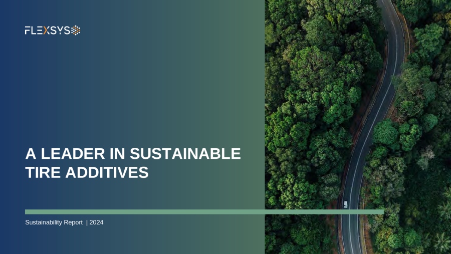 overhead view of a car driving on a two-lane road through a verdant forest | text: Flexsys, a leader in sustainable tire additives, sustainability report 2024